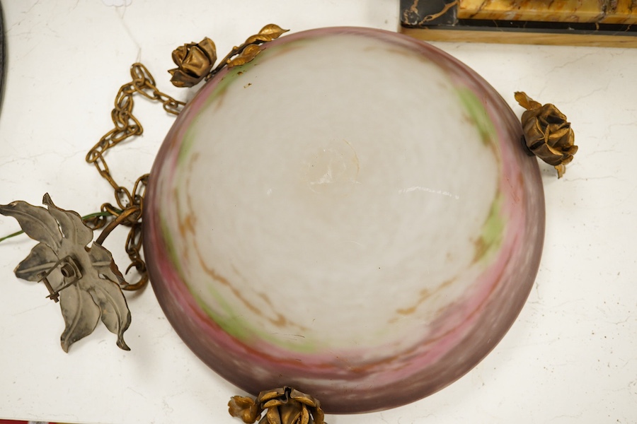 A Muller Freres Art Nouveau glass plaffonier with gilt metal rose mounts, 40cm in diameter. Condition - minor scuffs